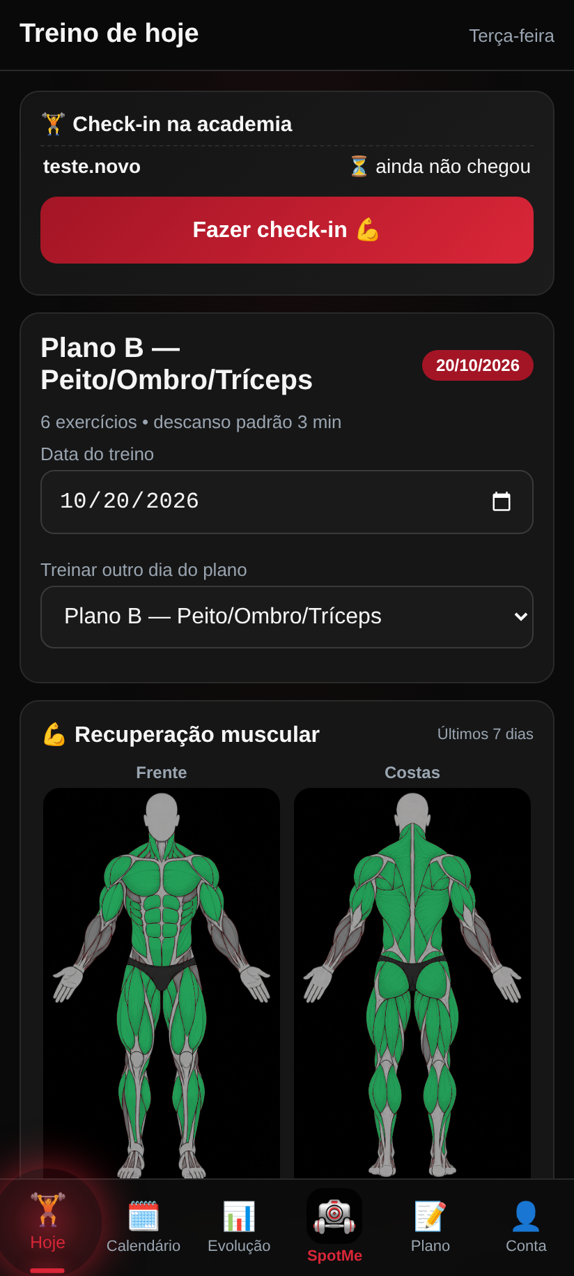 Tela inicial do app KORPUS com o treino do dia